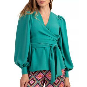 Trina Turk 'Aquatic' Wrap-Front Puff-Sleeve Crepe Top, Atlantic